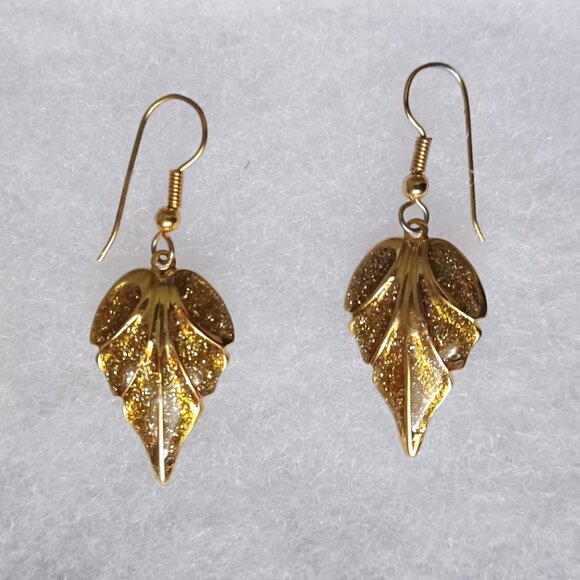 Gold Tone Earrings French Hooks W/ Diamond Dust Leaf Pattern Dangle Never Worn. - Picture 1 of 2